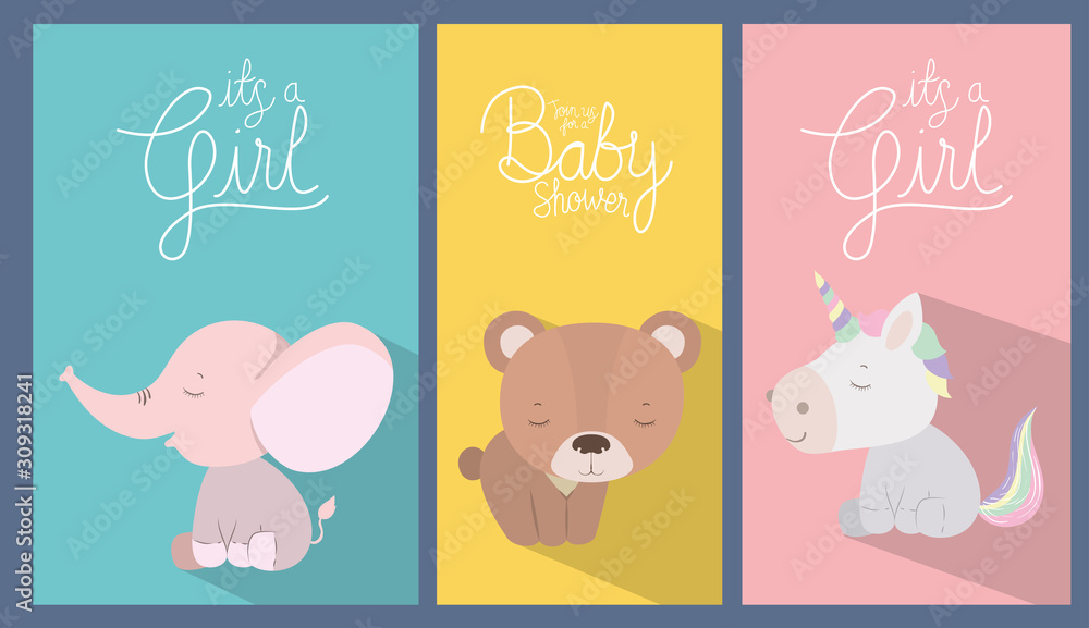 Baby shower invitation with animals cartoons vector design