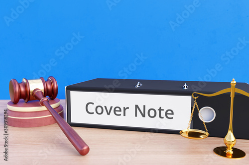 Cover Note – Folder with labeling, gavel and libra – law, judgement, lawyer
