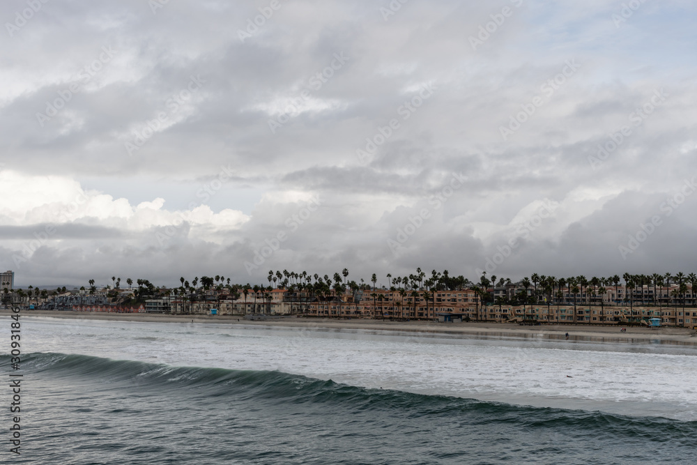 Scenic Oceanside coastline vista on a rainy winter day, Southern California