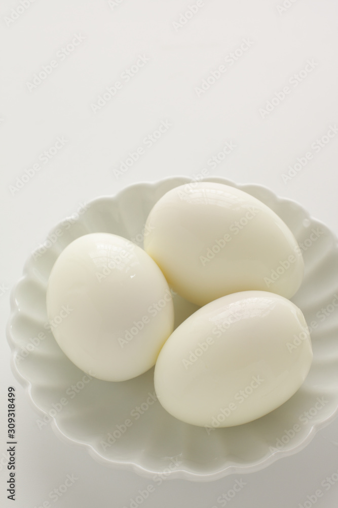 Homemade boiled egg on white plate for food ingredient, Homemade boiled egg on white plate for food ingredient,
