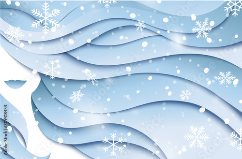   Winter background with beautiful woman, long blue wavy hair and snowflakes. Winter cosmetic design template. Vector illustration