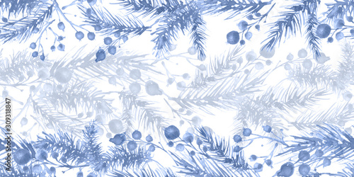 Christmas watercolor decoration. Seamless horizontal pattern of spruce and winter berries in monochrome blue.Branches of spruce, pine, cedar with rowan berries, viburnum, lingonberries.Beautiful art 