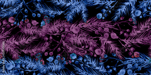 Christmas watercolor decoration. Seamless horizontal pattern of spruce and winter berries in monochrome blue.Branches of spruce, pine, cedar with rowan berries, viburnum, lingonberries.Beautiful art 