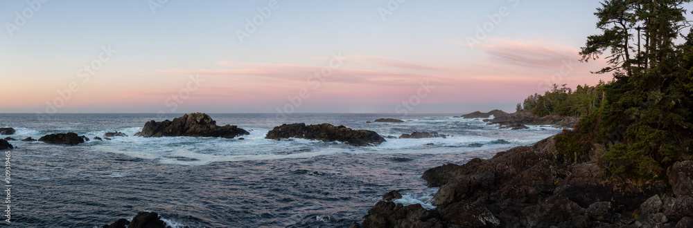 Beautiful Panoramic View of the Rocky Ocean Coast during a colorful and vibrant morning sunrise. Taken in Ucluelet, near Tofino, Vancouver Island, British Columbia, Canada.