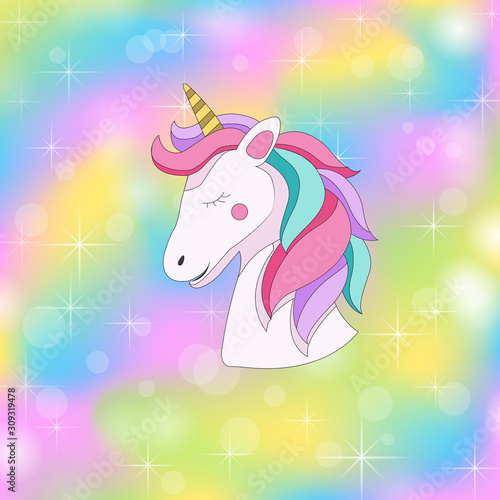 Cute unicorn portrait with beautiful rainbow mane. illustration.