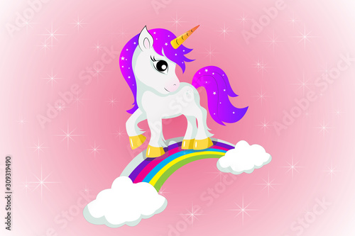 Draw a cute unicorn standing on the rainbow. The pink background is decorated with glittering stars.
