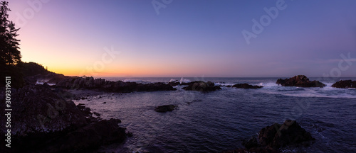 Beautiful Panoramic View of the Rocky Ocean Coast during a colorful and vibrant morning sunrise. Taken in Ucluelet  near Tofino  Vancouver Island  British Columbia  Canada.