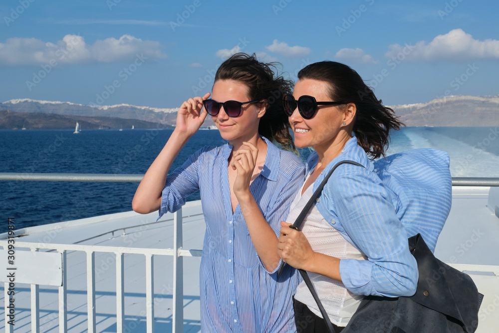 Family travel luxury cruise vacation, mother and teenage daughter enjoy sea trip