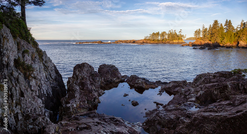 Wild Pacifc Trail, Ucluelet, Vancouver Island, BC, Canada. Beautiful Panoramic View of the Rocky Ocean Coast during a colorful and vibrant morning sunrise.