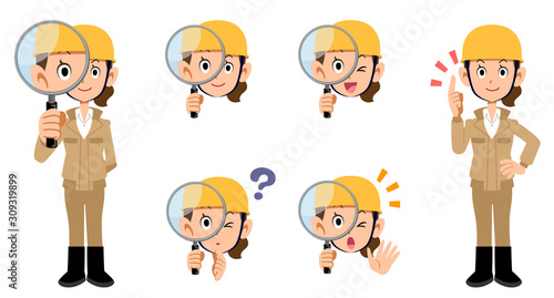 虫眼鏡で調査するヘルメットを被った工事現場の女性の全身と表情のセット　ベージュの作業着