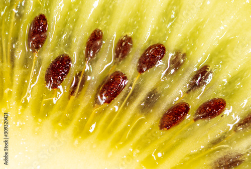 Seeds on a sliced green kiwi as a background
