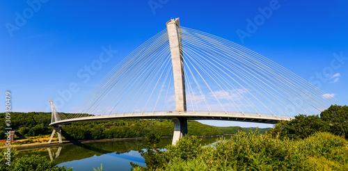 Panorama of the stunning Terenez  bridge to the Crozon Peninsula. Finister. Brittany. France