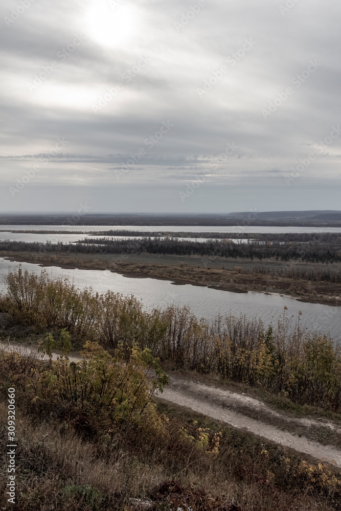 Beautiful landscape from above on the Volga river.