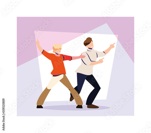 scene of men in dance pose, party, dance club