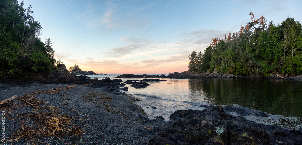 Wild Pacifc Trail, Ucluelet, Vancouver Island, BC, Canada. Beautiful Panoramic View of the Rocky Ocean Coast during a colorful and vibrant morning sunrise.