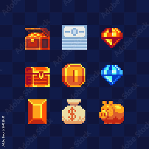 Money symbol pixel art icons set, pirate open chest, banknotes, piggy bank, Precious stone, gold bar and bag with dollar sign. Design for mobile app, web. Isolated vector illustration. 8-bit sprites.