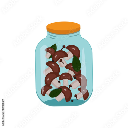 Glass jar with marinade mushrooms isolated on white background. Preservation. Vector graphics