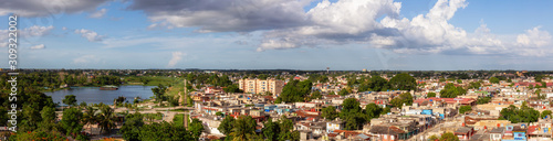 Aerial Panoramic view of a small Cuban Town, Ciego de Avila, during a cloudy and sunny day. Located in Central Cuba.