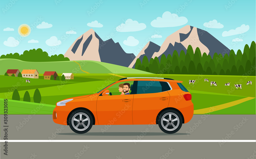 CUV car with a driver on a landscape background. Vector flat style illustration. CUV car with a driver on a landscape background. Vector flat style illustration.