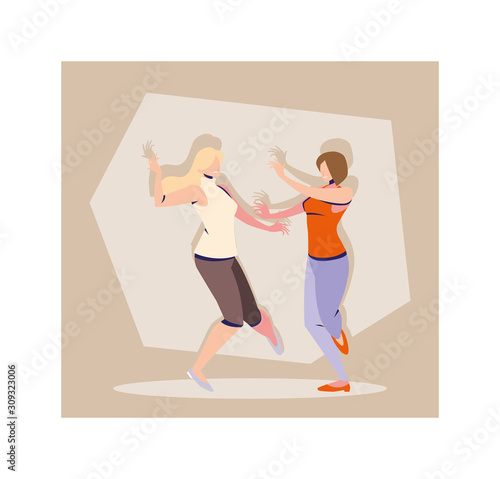 scene of women in dance pose, party, dance club