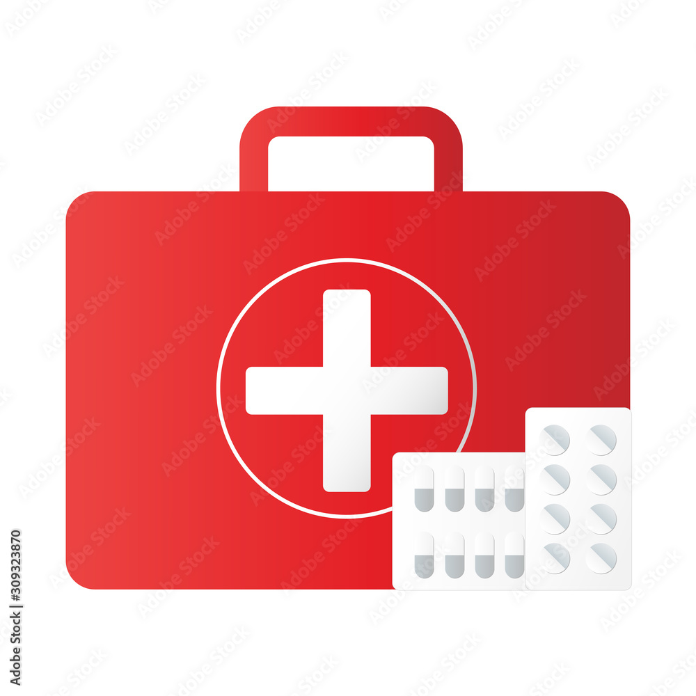 Obraz premium First aid kit equipment background. Medical instruments for emergency assistance. Illustration vector icon