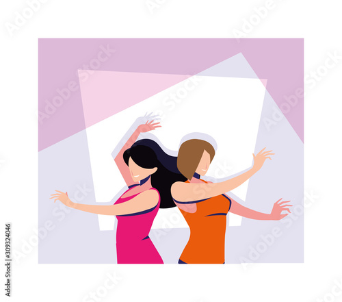 scene of women in dance pose, party, dance club