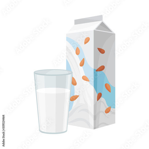 Almond Milk in Carton Package with Full Glass Standing Beside it Vector Illustration