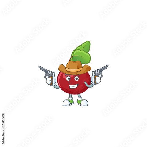 Smiling red beet greens mascot icon as a Cowboy holding guns
