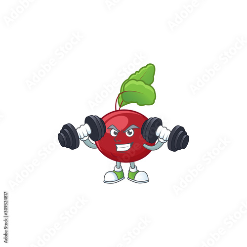 Fitness exercise red beet greens mascot icon with barbells