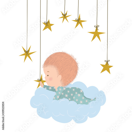 Cute baby boy over cloud and stars vector design