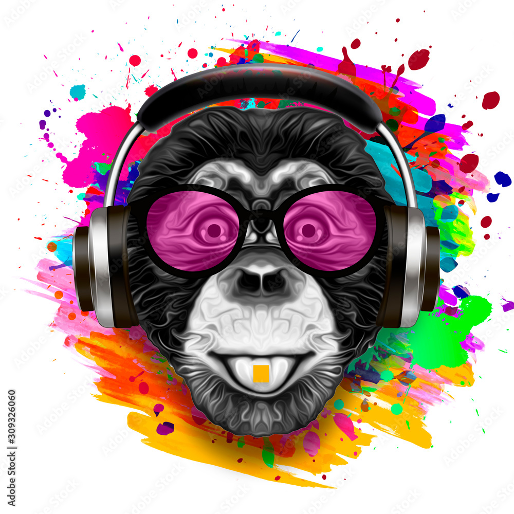 Colorful artistic monkey in eyeglasses with colorful paint splatters on white background. - obrazy, fototapety, plakaty 