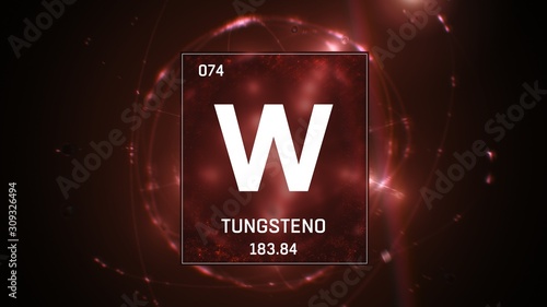 3D illustration of Tungsten as Element 74 of the Periodic Table. Red illuminated atom design background with orbiting electrons. Name, atomic weight, element number in Spanish language photo