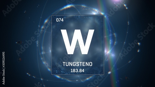 3D illustration of Tungsten as Element 74 of the Periodic Table. Blue illuminated atom design background with orbiting electrons. Name, atomic weight, element number in Spanish language photo