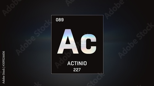 3D illustration of Actinium as Element 89 of the Periodic Table. Grey illuminated atom design background with orbiting electrons. Name, atomic weight, element number in Spanish language