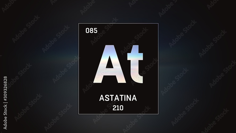 3D illustration of Astatine as Element 85 of the Periodic Table. Grey illuminated atom design background with orbiting electrons. Name, atomic weight, element number in Spanish language 3D illustration of Astatine as Element 85 of the Periodic Table. Grey illuminated atom design background with orbiting electrons. Name, atomic weight, element number in Spanish language