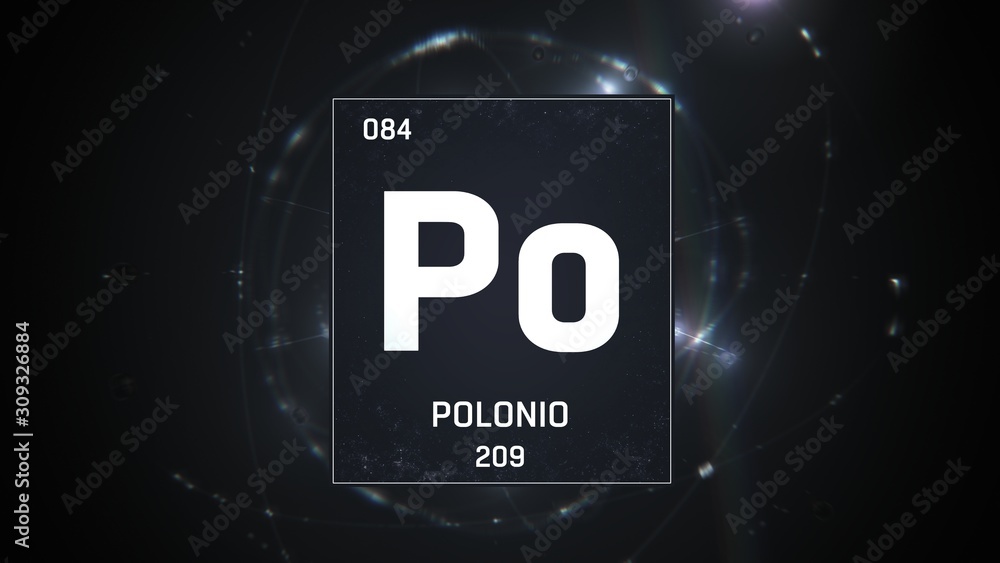 3D illustration of Polonium as Element 84 of the Periodic Table. Silver illuminated atom design background with orbiting electrons. Name, atomic weight, element number in Spanish language 3D illustration of Polonium as Element 84 of the Periodic Table. Silver illuminated atom design background with orbiting electrons. Name, atomic weight, element number in Spanish language