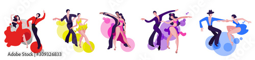 A set of images of dancing couples on the Latin American dance program. Couples dance Samba, Rumba, Paso Doble, Jive, Cha-cha-cha.