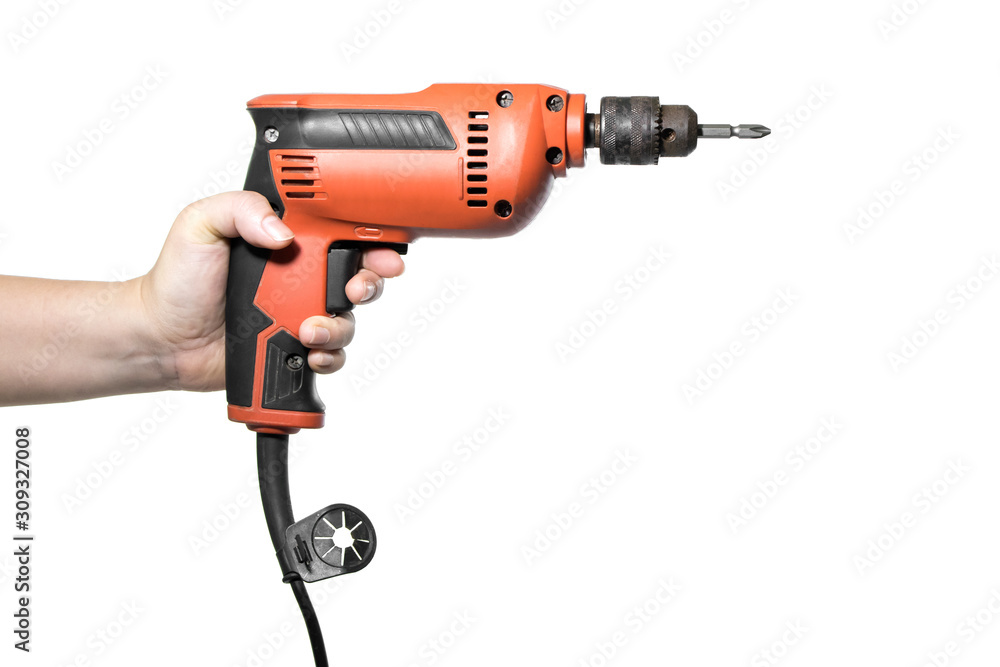 Hand holding drilling screwdriver machine isolated on white background.