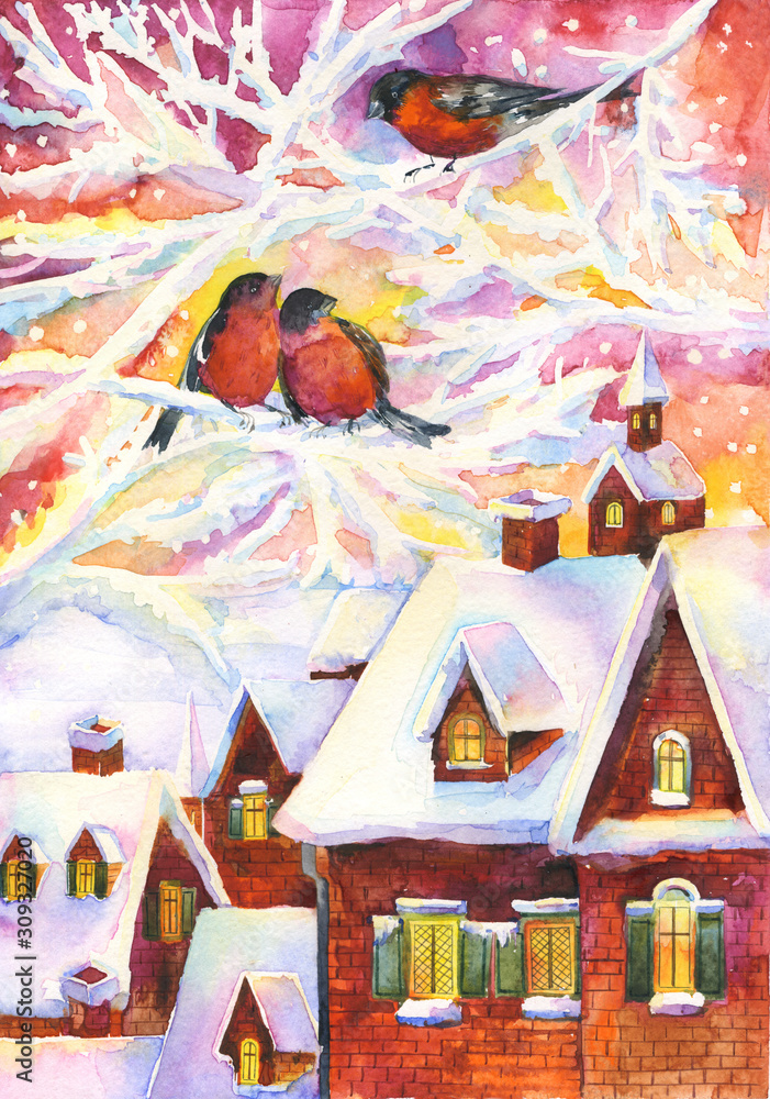 Winter city landscape with snow-covered roof and birds bullfinches on snow-covered branches. Watercolor illustration.