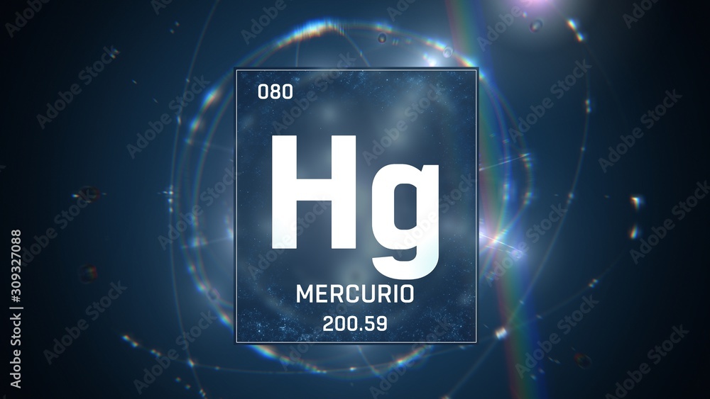3D illustration of Mercury as Element 80 of the Periodic Table. Blue illuminated atom design background with orbiting electrons. Name, atomic weight, element number in Spanish language 3D illustration of Mercury as Element 80 of the Periodic Table. Blue illuminated atom design background with orbiting electrons. Name, atomic weight, element number in Spanish language