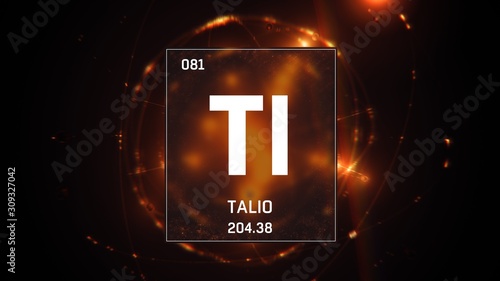 3D illustration of Thallium as Element 81 of the Periodic Table. Orange illuminated atom design background with orbiting electrons. Name, atomic weight, element number in Spanish language photo