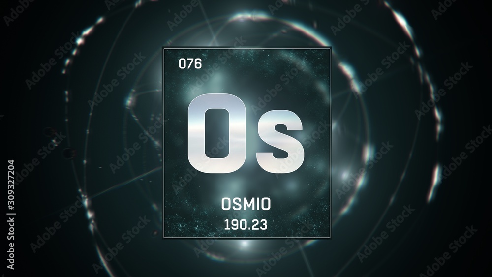 3D illustration of Osmium as Element 76 of the Periodic Table. Green illuminated atom design background with orbiting electrons. Name, atomic weight, element number in Spanish language 3D illustration of Osmium as Element 76 of the Periodic Table. Green illuminated atom design background with orbiting electrons. Name, atomic weight, element number in Spanish language