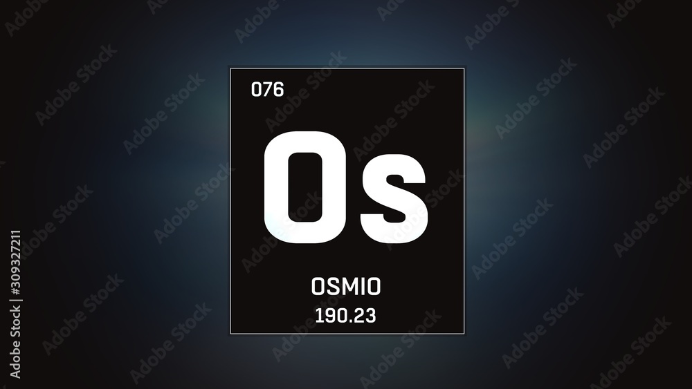 3D illustration of Osmium as Element 76 of the Periodic Table. Grey illuminated atom design background with orbiting electrons. Name, atomic weight, element number in Spanish language