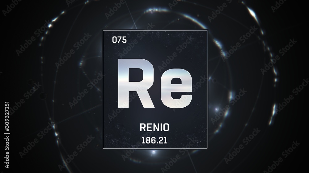 3D illustration of Rhenium as Element 75 of the Periodic Table. Silver illuminated atom design background with orbiting electrons. Name, atomic weight, element number in Spanish language 3D illustration of Rhenium as Element 75 of the Periodic Table. Silver illuminated atom design background with orbiting electrons. Name, atomic weight, element number in Spanish language