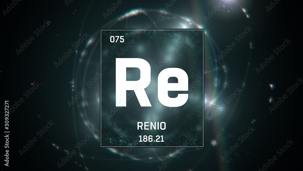 3D illustration of TRhenium as Element 75 of the Periodic Table. Green illuminated atom design background with orbiting electrons. Name, atomic weight, element number in Spanish language 3D illustration of TRhenium as Element 75 of the Periodic Table. Green illuminated atom design background with orbiting electrons. Name, atomic weight, element number in Spanish language