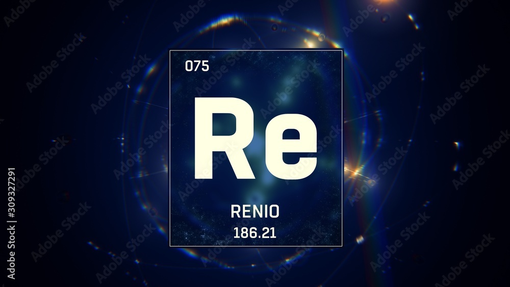 3D illustration of Rhenium as Element 75 of the Periodic Table. Blue illuminated atom design background with orbiting electrons. Name, atomic weight, element number in Spanish language 3D illustration of Rhenium as Element 75 of the Periodic Table. Blue illuminated atom design background with orbiting electrons. Name, atomic weight, element number in Spanish language