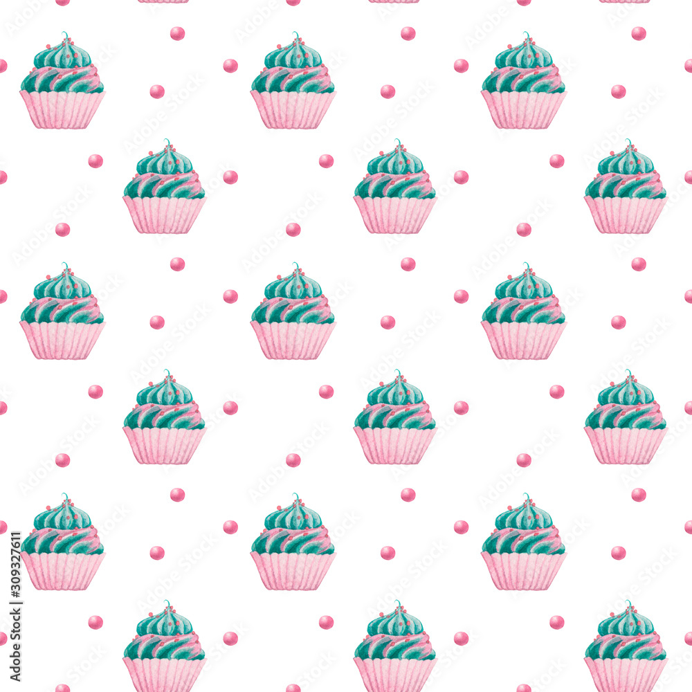 watercolor seamless pattern with cupcakes with turquoise cream and pink topping, round pink candies on a turquoise background. Illustration of sweets in cartoon style watercolor seamless pattern with cupcakes with turquoise cream and pink topping, round pink candies on a turquoise background. Illustration of sweets in cartoon style
