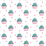 watercolor seamless pattern with cupcakes with turquoise cream and pink topping, round pink candies on a turquoise background. Illustration of sweets in cartoon style