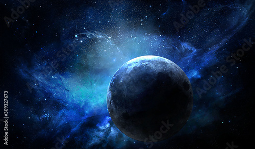 Fototapeta Naklejka Na Ścianę i Meble -  abstract space illustration, moon in shining stars in blue tones