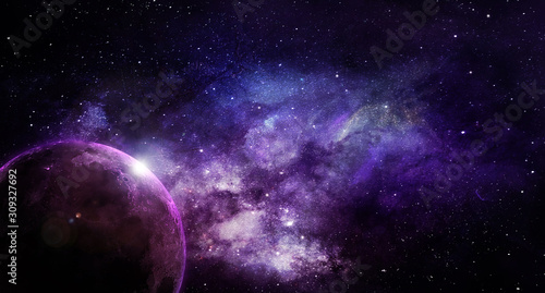 abstract space illustration, moon in shining stars in violet tones